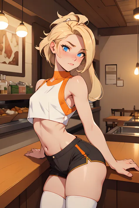 (masterpiece, best quality:1.2), cowboy shot, solo, 1girl, fluffy blond hair, skinny, in a restaurant, leaning against counter, ...