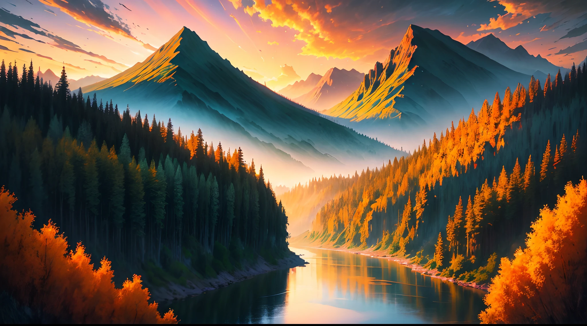 Dusk, river bank, colorful sky, orange sun, mountains, distant mountains, outline, beautiful scenery