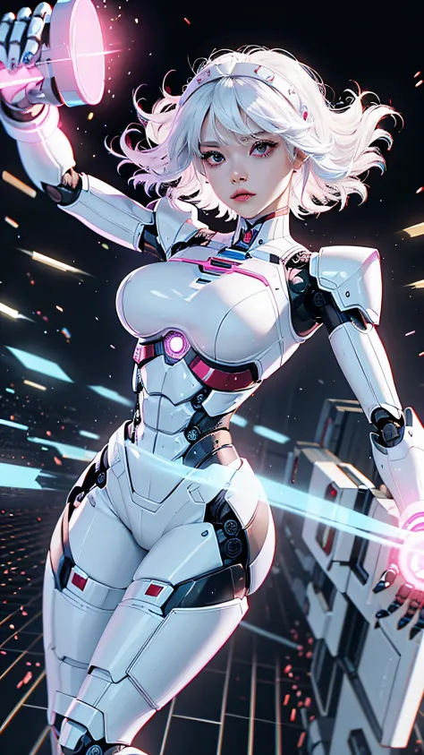robot-girl, white colored hair, A face without emotion, dressless, Iron Woman