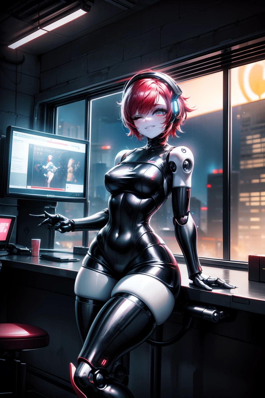 1girl,short hairs,red hairs,light blue eyes, curvy,humanoid robot, joints, robot, robot joints, shiny, shiny skin, thighs, robot, humanoid robot, robot girl,indoor,window,science fiction,grin,short shorts ,sleeveless jacket ,cyberpunk,sci-fi, one eye closed ,wink,coffee cup in hand,close-up,factory,floating monitor,hyperdetailed cyberpunk city, retrowave, night, sky, city lights,