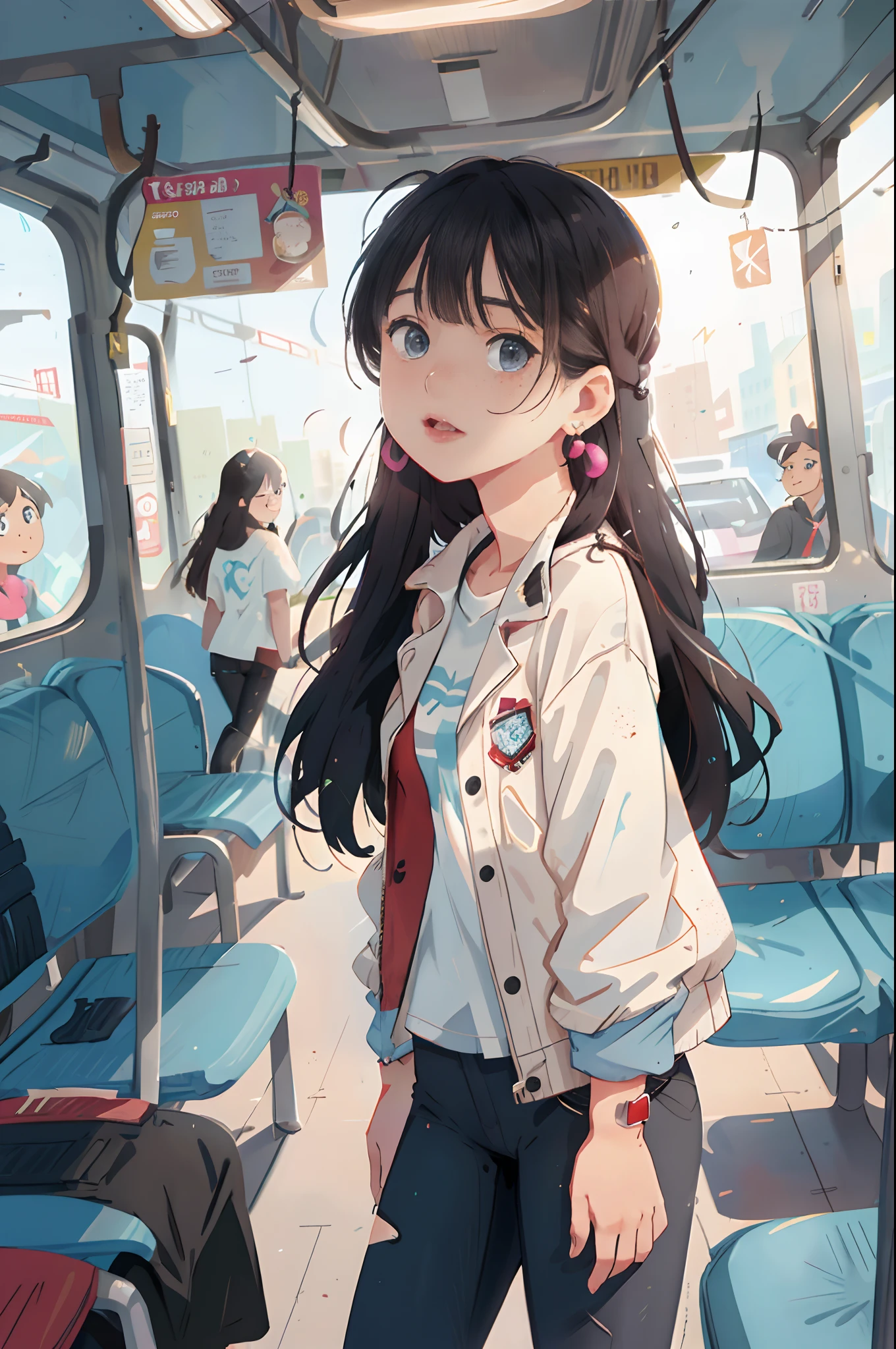 ((Pre-teen)), beautiful girl, freckles on her face, light blue eyes, big earrings, white t-shirt, jacket, black Leggings, full body, shot from below, very light skin, very long hair, wavy hair, red hair , busy subway car, photorealistic, Indirect lighting, volumetric light, ray tracing, hyper-detailed, best quality, ultra-high resolution, HDR, 8k