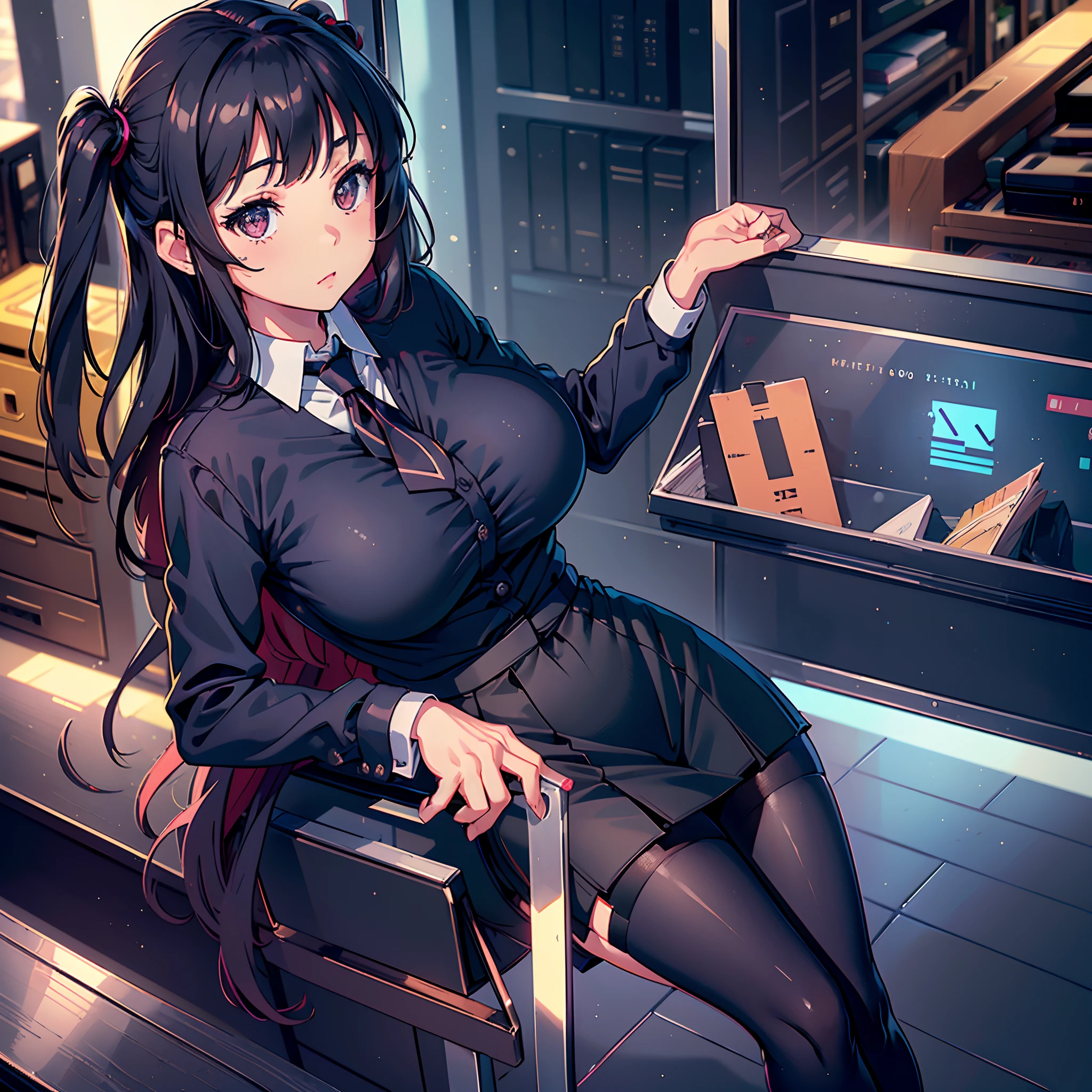 (Best quality, highest resolution, raytracing), (1 girl, solo, young girl, little girl appearance, loli, very large breasts, black office uniform), tight buttoned shirt with loose buttons, neck tie, pencil skirt, (realistic black tights)