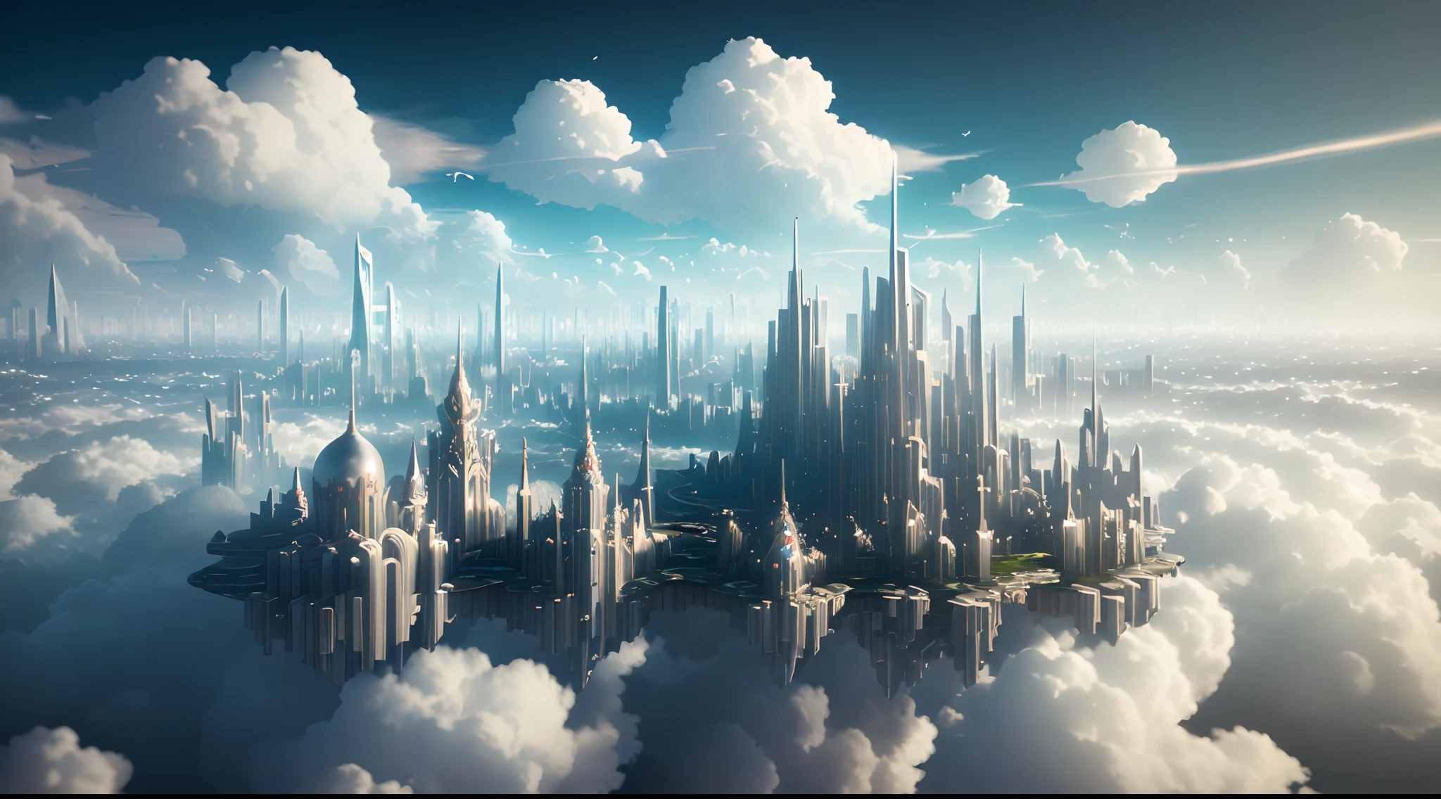 A fantasy floating city, surrounded clouds, Surrealism, Constructivism, Abstractionism, depth of field, motion blur, chromatic aberration abuse, masterpiece, high details, award winning, 8k