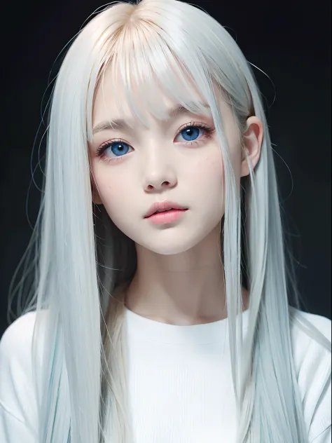 1girl in,  Portrait, Modern, The most beautiful girl in the world at 16 years old、Realistic proportions、Glossy lips、The big eyes are a very beautiful pale light blue、Beautiful shiny dazzling super blonde hair、Super long straight hair、disheveled bangs hangi...