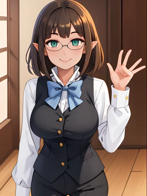 glasses, bowtie, vest, white shirt, black pants, einatulle, 1girl, solo, looking at viewer, (smile:1.1), (large breasts:0.6)