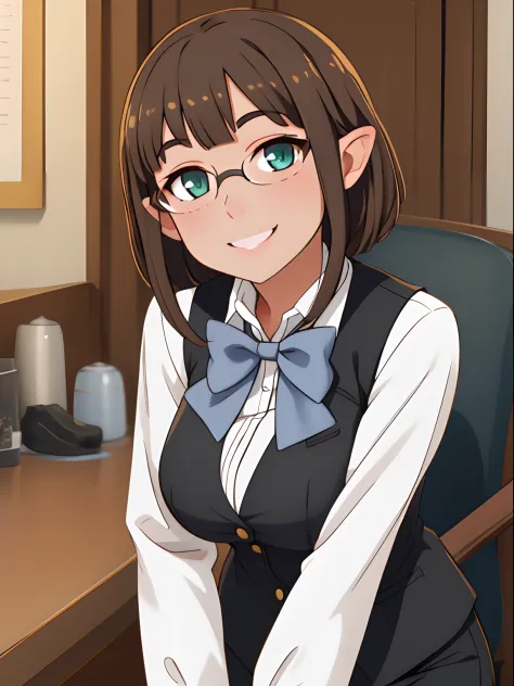 glasses, bowtie, vest, white shirt, black pants, einatulle, 1girl, solo, looking at viewer, (smile:1.1), (large breasts:0.6)