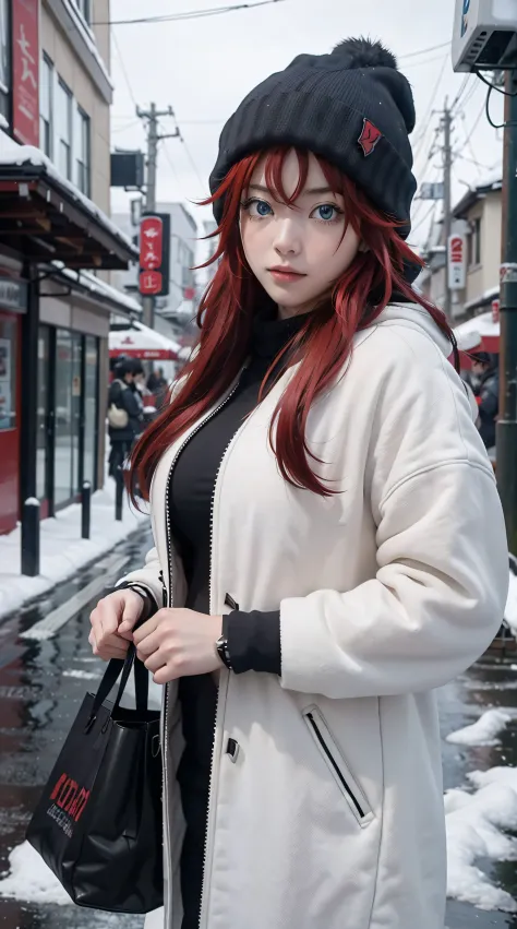 rias Gremory, red hair, long hair, blue eyes, perfect body, perfect breasts, wearing a beanie, wearing a winter jacket, wearing ...