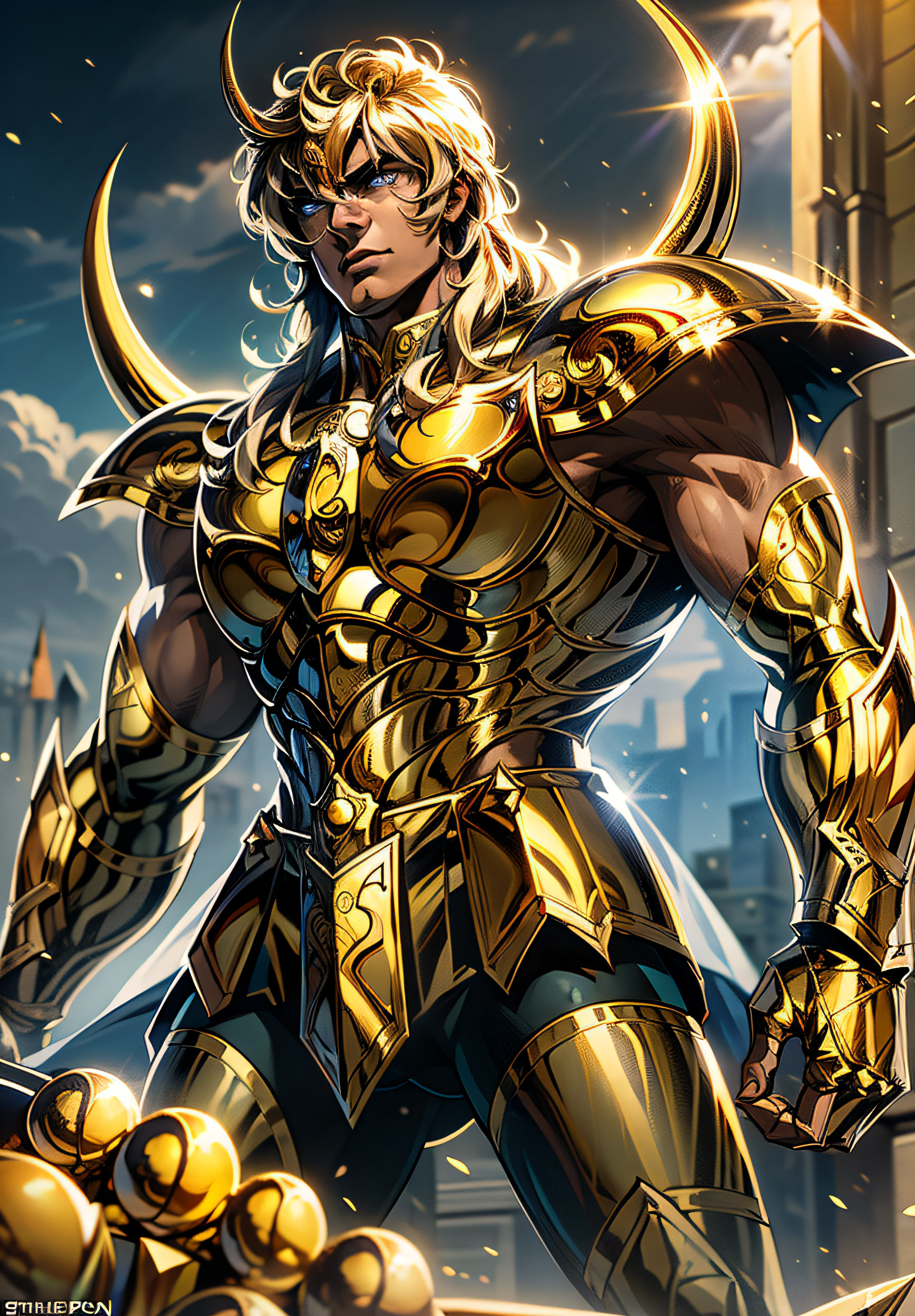 身穿金色盔甲的騎士角色 , 穿著金色盔甲的騎士角色, 天蠍座騎士 , 天空中雄偉的蝎子王奧羅博亞爾的背景, 8k高清, 錯綜複雜的細節, 令人驚嘆的品質