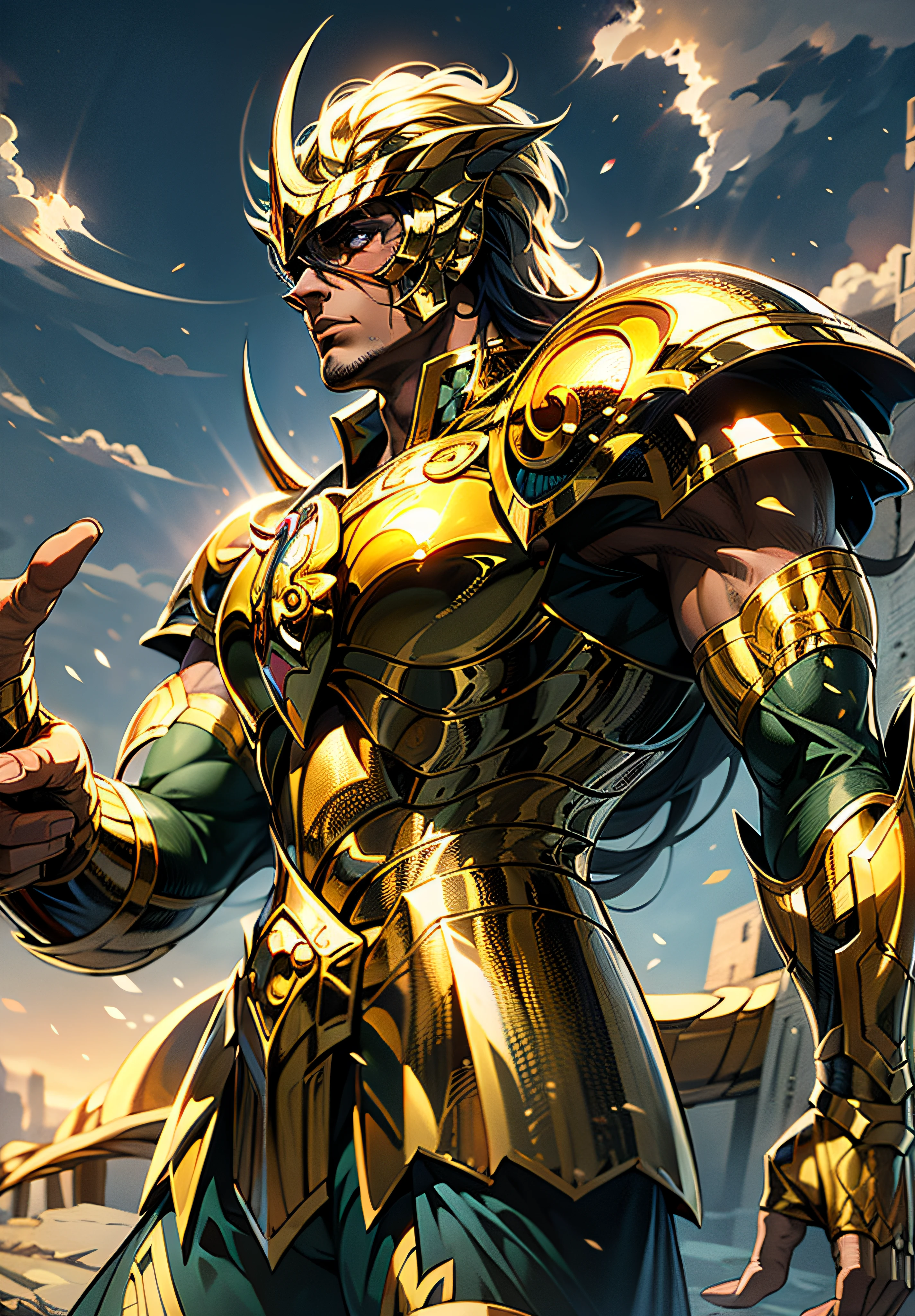 Knight character with golden armor de escorpião , knight of theKnight character with golden armor, knight of the zodiac Scorpion , in the background in imposing scorpion king auroboeal in the sky, 8k high definition, intricate details, breathtaking quality