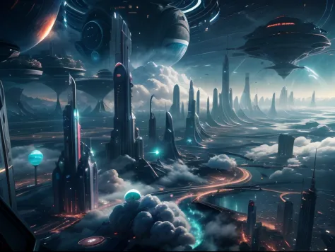 Beautiful shining interstellar city in the clouds，The green planet is surrounded by clouds，The city is a space port city，Absolut...