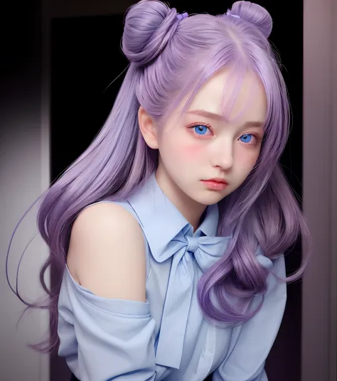 1girl, lifelike, realistic, purple hair 2 buns, blue eyes, light blue shirt, blow bow on shirt, blushing cheeks beautiful
