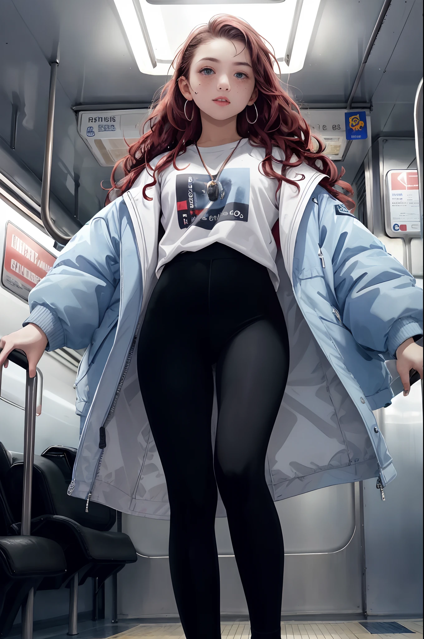 ((Pre-teen)), beautiful girl, freckles on her face, light blue eyes, big earrings, white t-shirt, jacket, black Leggings, full body, shot from below, very light skin, very long hair, wavy hair, red hair , busy subway car, photorealistic, Indirect lighting, volumetric light, ray tracing, hyper-detailed, best quality, ultra-high resolution, HDR, 8k