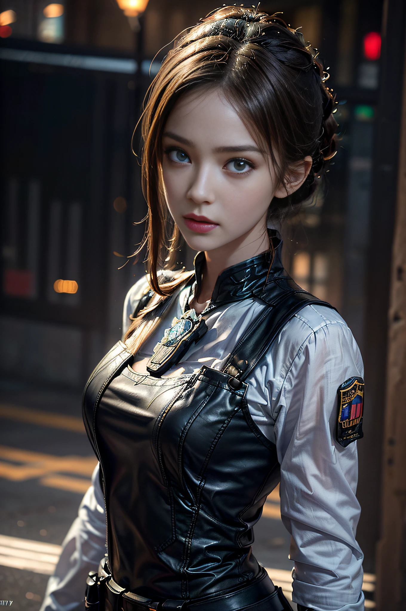 1girll, (Photorealistic)++, Beautiful lighting, masutepiece++, Best Quality++, Realistic, Upper body portrait、From  above、 realphoto, intricate detailes, depth of fields, 1 girl, Soldier girl brown trimmed hair、Sniper Rifle Handle, Red military uniform, bulletproof vest, Holding an assault rifle, M16, In the city at night, Very detailed, Perfect face, Blue eyes, Beautiful lips, Colossal 、Toned buttocks、, Small waist, tall, Kpop Idol, FujifilmXT3, Spectacular professional photography：by Ed Blinkey, Atey Ghailan, by Ghibli Studios, Authors：Jeremy Mann, Greg Manchess, Antonio Moro, trending on artstationh, Trending on CGSociety, Convoluted , high detailing , Sharp Focus, Impressive, Mid-Journey and Realist Art by Greg Rutkowski, Original image, 8K UHD