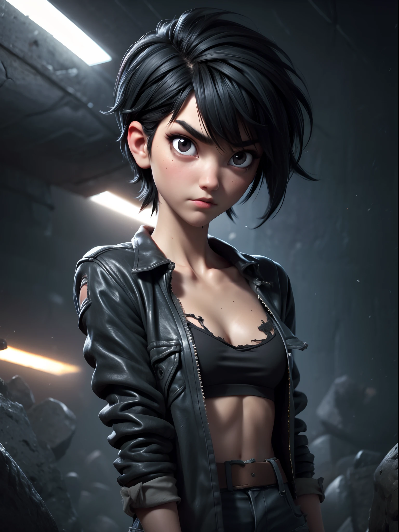 1girl, short black hair messy, black eyes, psycho look, gray haze around, peeking out upper body, dark cave, Ripped clothes, 16k