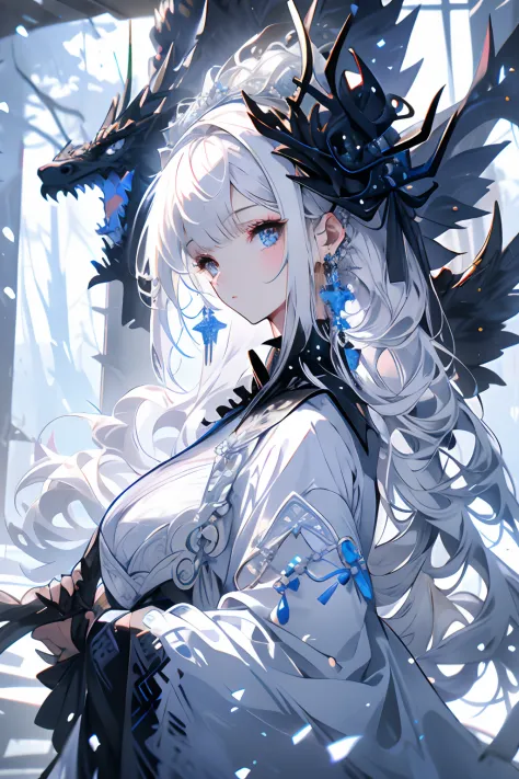 Exquisite facial features，Girl in Western style white wedding dress，glazed eyes，Delicate hat and silver earrings，cabelos preto e longos，light snowing，Tree branches，Forest Backglue，adolable、With the Black Dragon、Black Dragon Bride