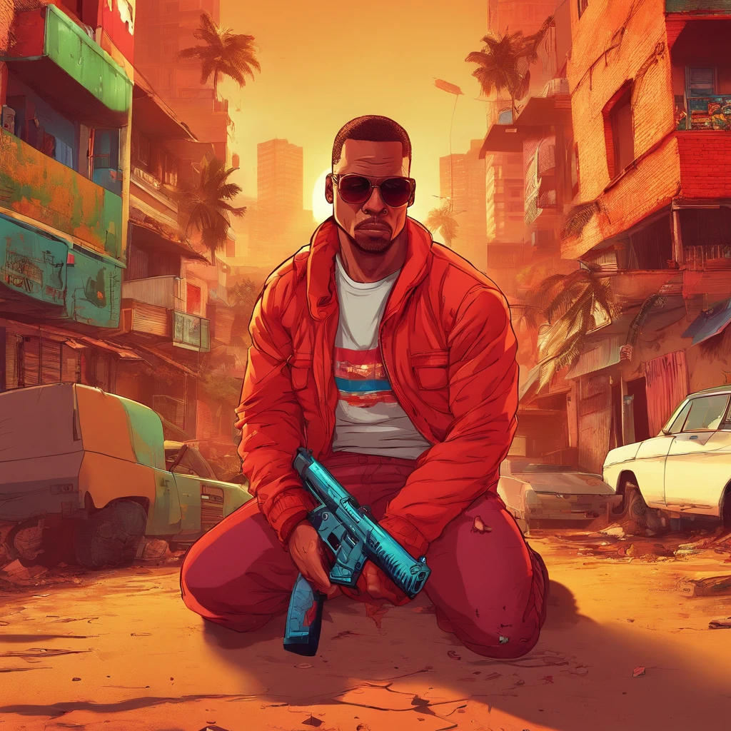 un hombre vestido de rojo en una favela, sosteniendo un rifle, (cara y cuerpo extremadamente detallados), colores vibrantes, (retrato), tono de color rojo, iluminación dramática, (Mejor calidad, ultra detallado, Altas), Realista