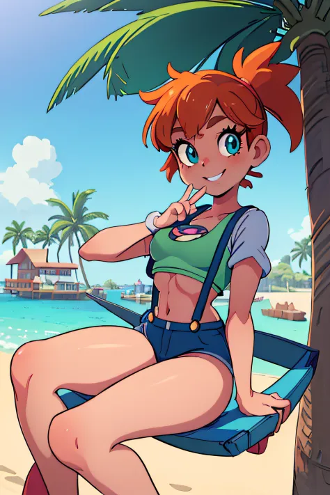 ((Masterpiece,Best quality)), absurderes, Misty_Pokemon, Pig's tail, Small breasts, Blue eyes, Green crop top top, Suspenders, Solo, Smiling, view the viewer, Cowboy shot, Cinematic composition, sitting on a swing, Biye gesture，Palm trees and beach in the ...