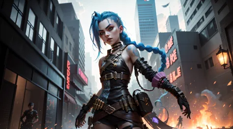 ((Best quality)), ((masterpiece)), (highly detailed:1.3), 3D, arcane style,In the dark and courageous dystopian city of Piltover, plagued by violence and divided into two opposing factions, a young prodigy named Jinx emerges. Having endured unimaginable lo...
