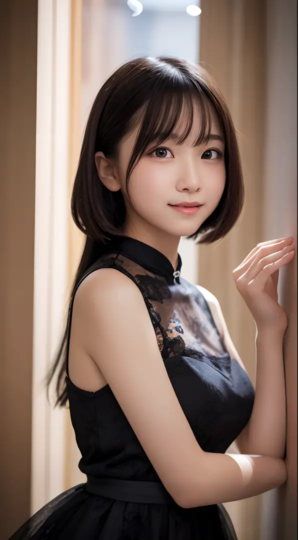 masutepiece, Best Quality, 8K, 10yo student, Teen, Raw photo, absurderes, award winning portrait, Smile, Solo, (Night:1.8), Idol face, violaceaess, Delicate girl, Upper body, Digital SLR, Looking at Viewer, Candid, Sophisticated,Thin arms, Professional Lig...