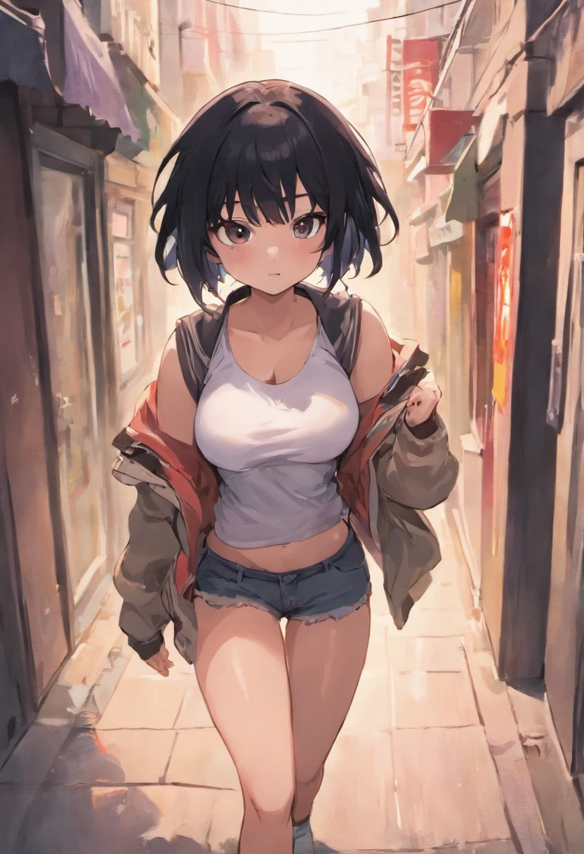 Anime girl walking down a narrow alley with a jacket on - SeaArt AI