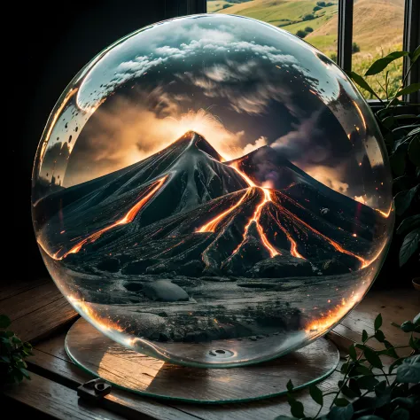 Bubble is placed on the windowsill. Wooden window sill. In background hills and green meadows.