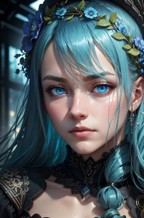 by Jeremy Mann, photorealistic, (male features), (colorful), Post-Production, Intricate, (radiosity), blue eyes, (highest quality), a colossal cyan raintree, gloomy, a closeup portrait of a [pensive|sorrowful] maid, a flowery wreath on her head, fireflies-...