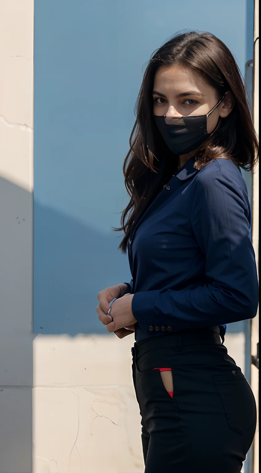 Woman in blue shirt and black skirt with face mask on - SeaArt AI