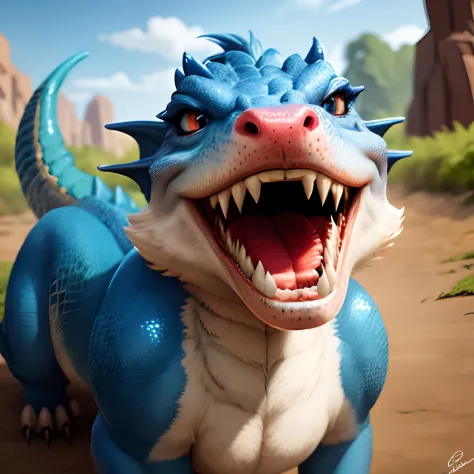 Blue female anthro dragon, mouth open and drooling, looking at first person perspective,