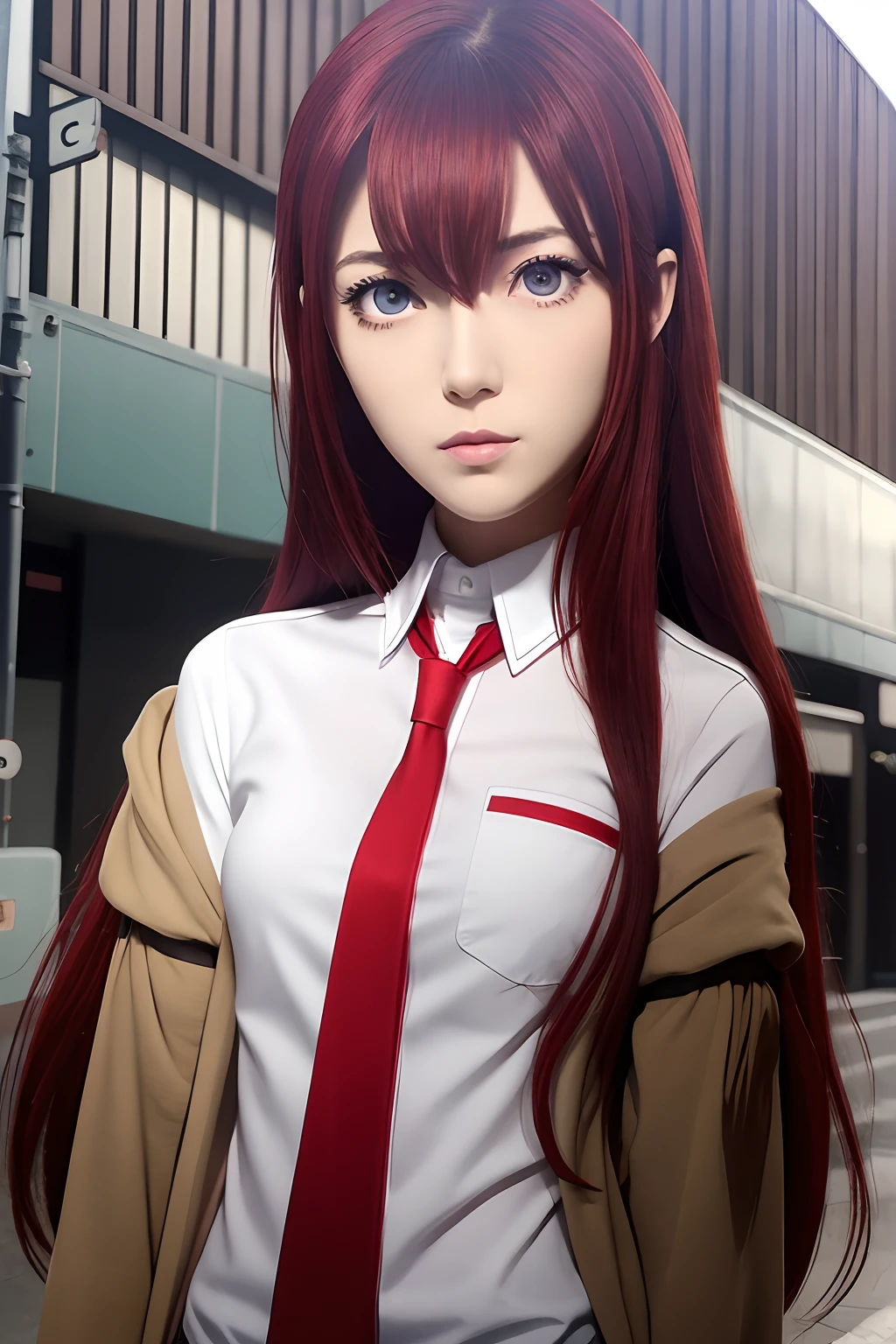 ((​masterpiece、top-quality、ultra-detailliert、8K))、full body Esbian、Red hair_hair、Collared_Shirt、jaket、long_sleeves、makise_kurisu、standingn、Red_neck tie、独奏、1girl in、white_Shirt、face perfect、Red_hair、Purple_Eyes、arms are_Around_waist, Upper body, free pose, Sanpaku eyes