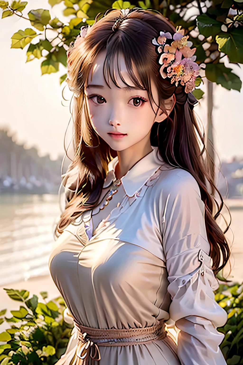 ((Best quality)), (Masterpiece)), (Details: 1.4), 。.3D, Absurd resolution, high resolution, (Masterpiece: 1.4), Ultra detailed, Pretty girl 1 person, Sparkling brown hair, Beautiful brown eyes, Beautiful face, 20 years old, fig leaves, fig, green leaf, cedar