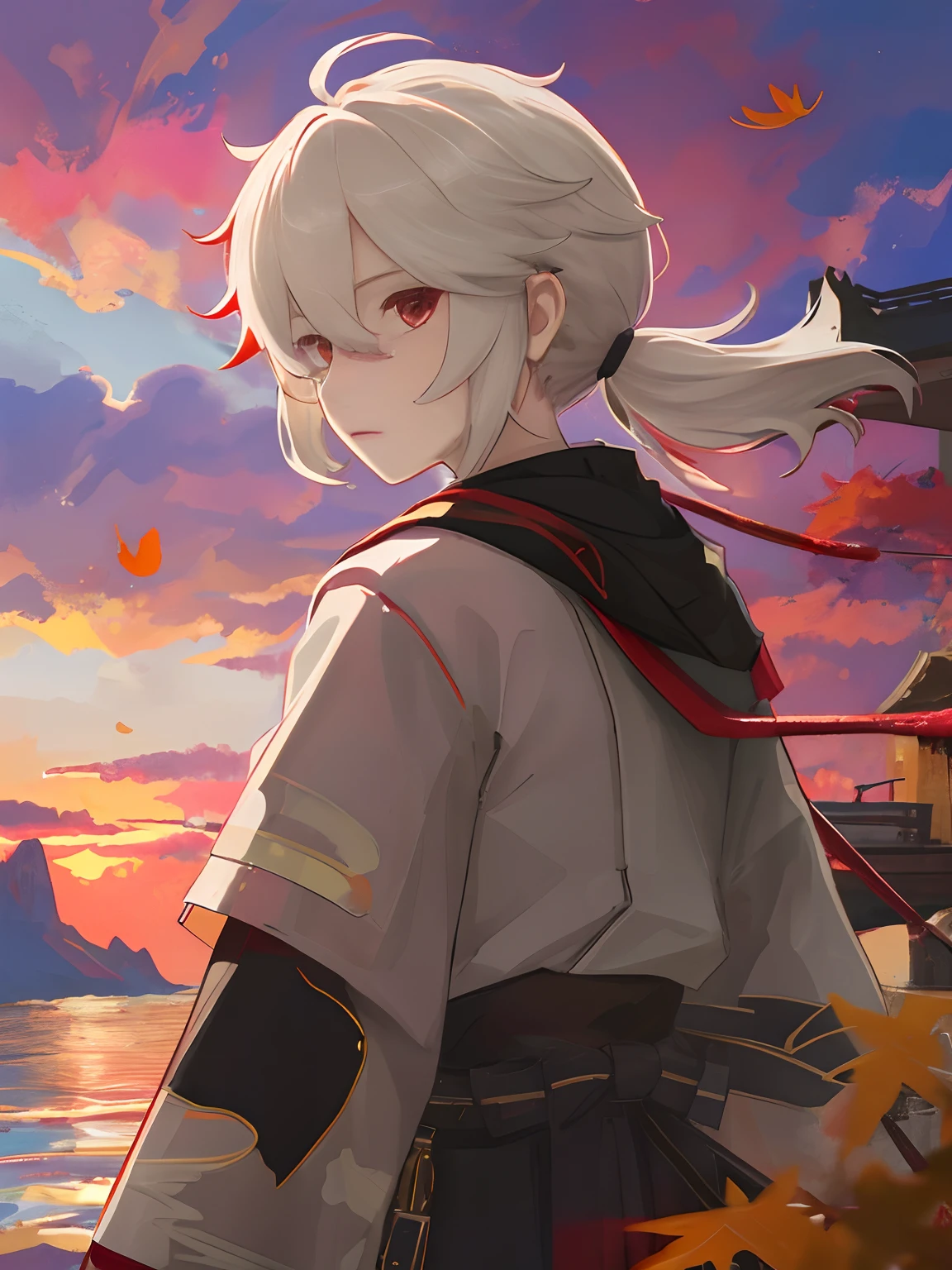 Sunset, maple leaves falling, white hair, a strand of red hair, Japanese samurai costume, Shinkai Makoto style sky, looking back, rich colors, large aperture portrait, strong light and shadow, cinematic, golden section