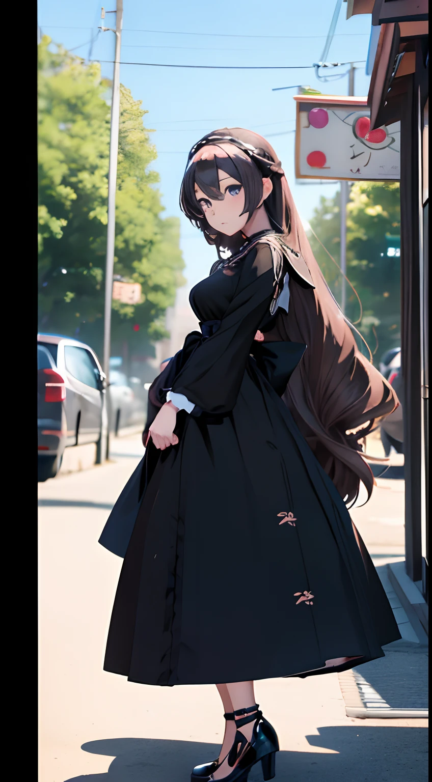 ta，Anime girl posing for photo with long hair and black dress, saori, anime visual of a cute girl, anime moe art style,  in dress, Anime girl wearing black dress, pretty anime girl, (Anime girl), Cute anime girl, cute anime waifu in a nice dress, attractive anime girls, Beautiful anime girl, Also, Smooth anime CG art