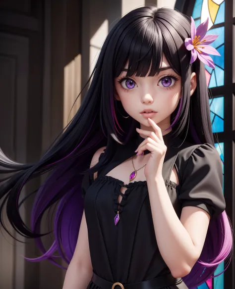 1girl, solo, black hair, long hair, looking at viewer, purple eyes, hair ornament, multicolored hair, colored inner hair, staine...