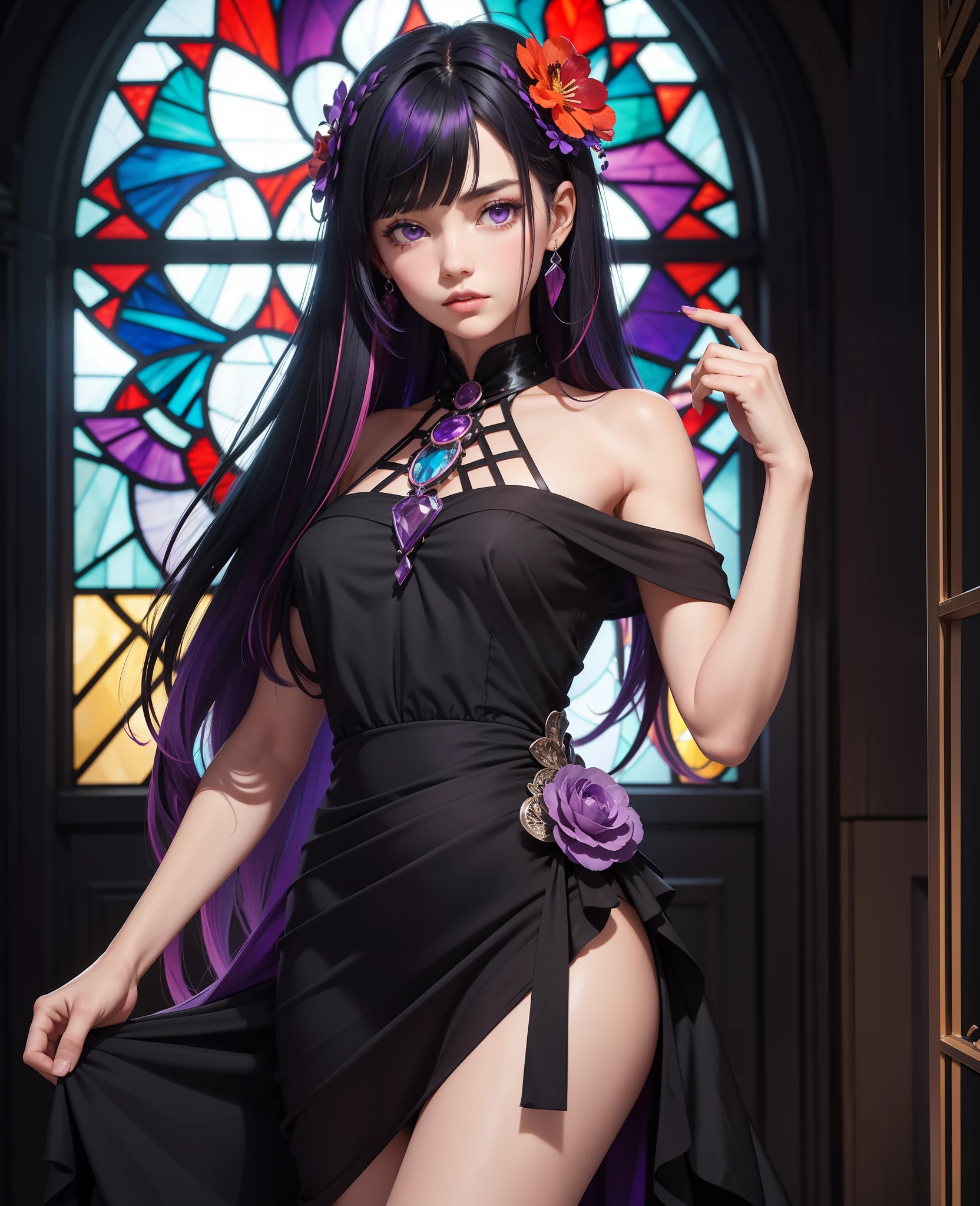 1girl, solo, black hair, long hair, looking at viewer, purple eyes, hair ornament, multicolored hair, colored inner hair, stained glass, bangs, upper body, gem, skeleton, black dress, two-tone hair, dress, indoors, red hair, lips, hand up, parted lips, spine, closed mouth, hair flower