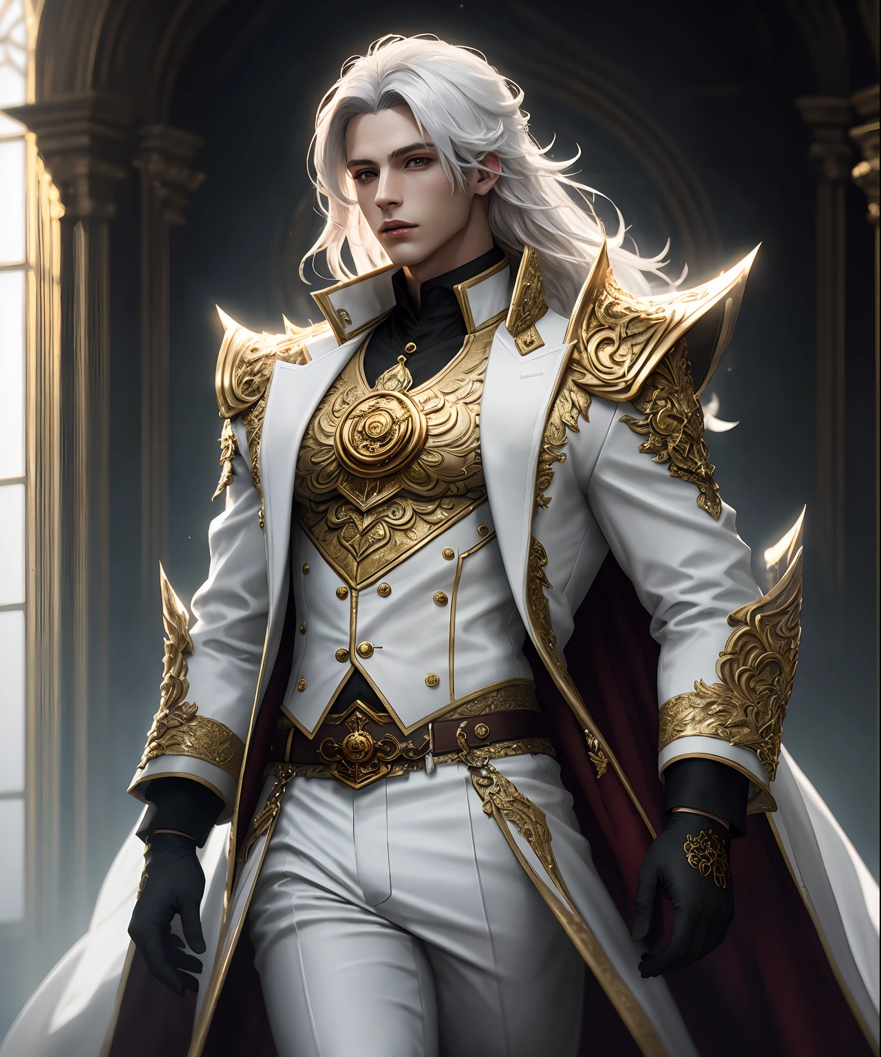 masterpiece, ultra detailed photography of a gorgeous humanoid dragon male, 1guy, (((male))), perfectly drawn face, wearing a luxury white suit, luxurious gloves, 8k resolution, photorealistic, ultra-high quality, long hair, opulent detailed background, covered navel, 32k, long white hair, full lips, curvy guy, perfect anatomy, cinematic lighting, intricately detailed, white tetradic color, volumetric lighting