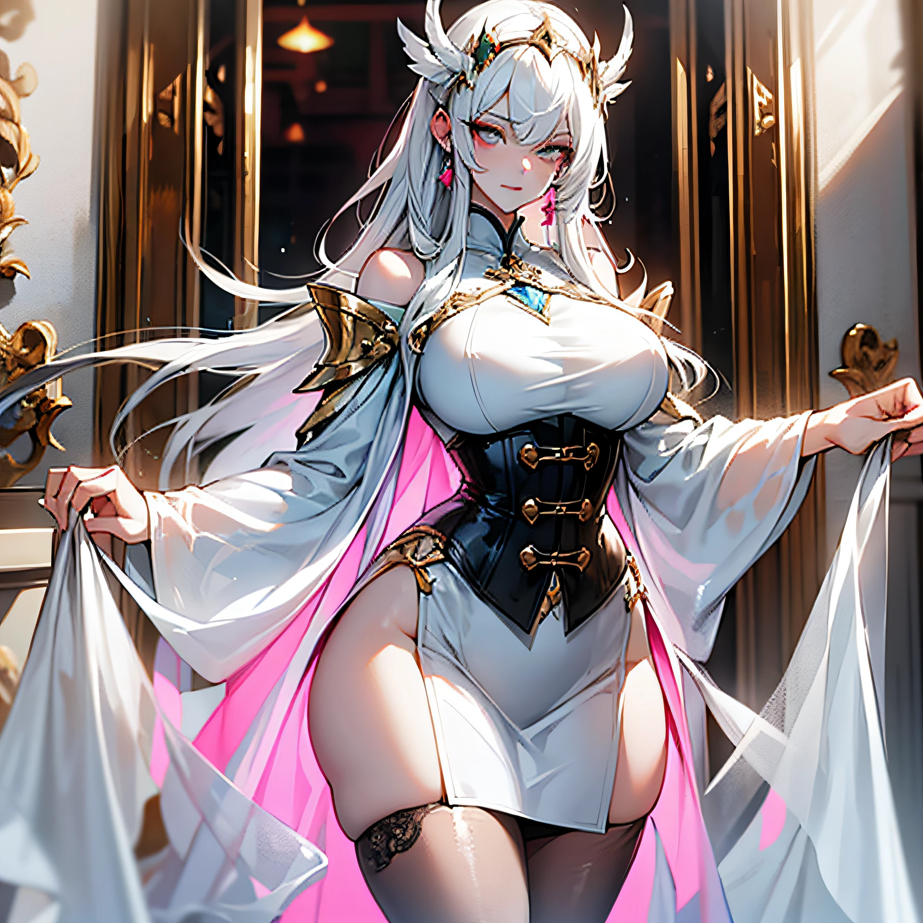 Meet her outside the door of the cultivation hall，She has a cold and elegant appearance，One royal sister，White clothes and white hair，Long and thin body，Plump breasts stand up，The corset opens，Large areas of milk meat are exposed，Attractive，a pair of long, Well-proportioned legs exposed under slit skirts。