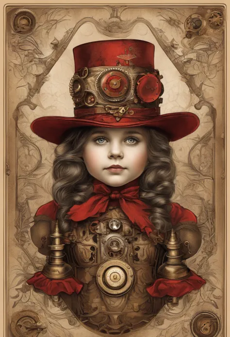 A little girls with red eyes, ornament hat, worn out metal arms and lags
