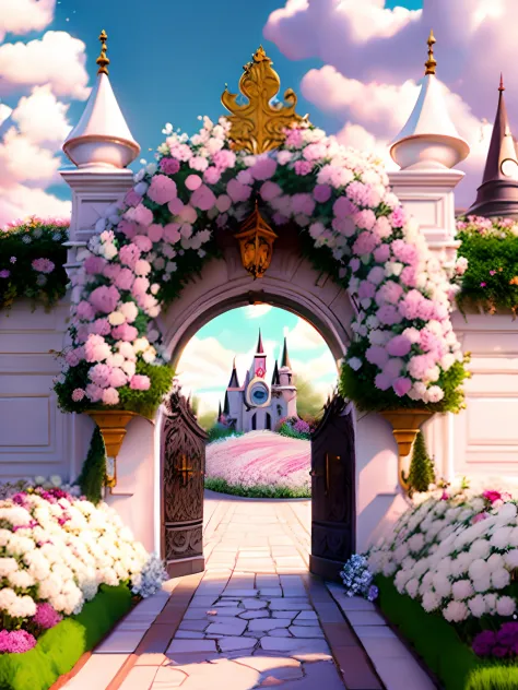 Photo (White Flower Gateway Style:1) The entrance to the castle is surrounded by white flowers, by disney