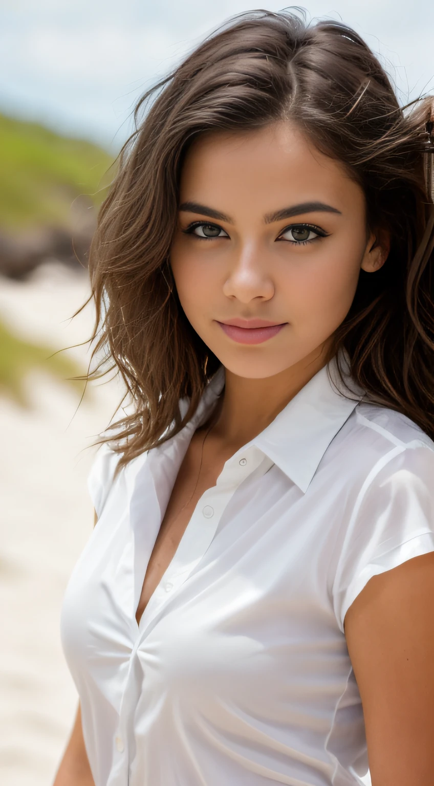 wide shot, standing, pose, beautiful brunette wearing sexy white shirts, hot shorts, beach, very detailed, 21 years old, innocent face, natural wavy hair, blue eyes, high resolution, masterpiece, best quality, intricate details, highly detailed, sharp focus, detailed skin, realistic skin texture, texture, detailed eyes, professional, 4k, charming smile, shot on Canon, 85mm, shallow depth of field, kodak vision color, perfect fit body, extremely detailed, foto_\(ultra\), photorealistic, realistic, post-processing, maximum detail, roughness, real life, ultra realistic, photorealism, photography, 8k uhd, photography