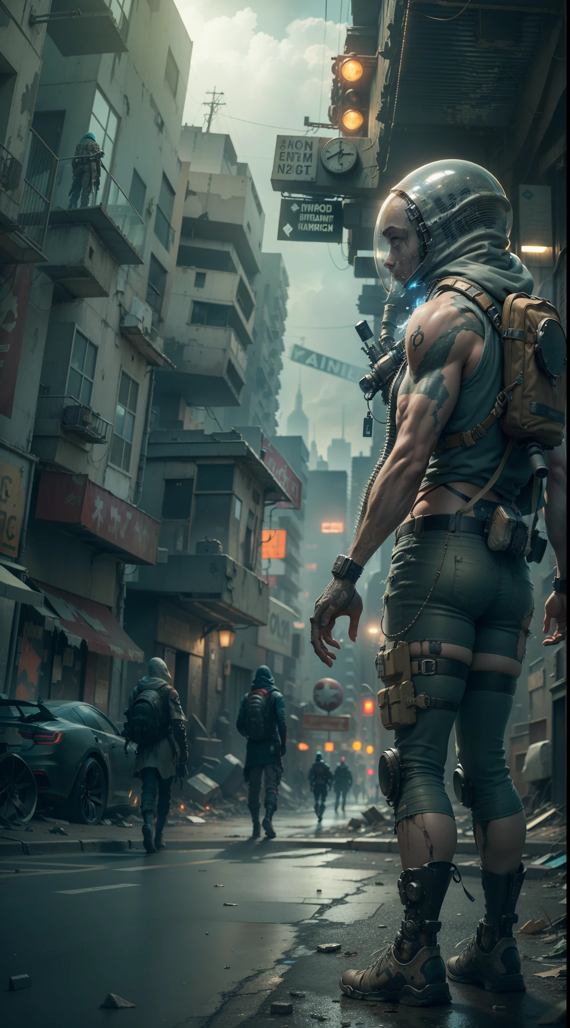 A highly detailed and technologically advanced alien in a post-apocalyptic, dilapidated cityscape. Another dimension, the creator of the universe,Walking on empty streets, Around ancient strong magic, 8K photo quality, intricate details, depth of field,