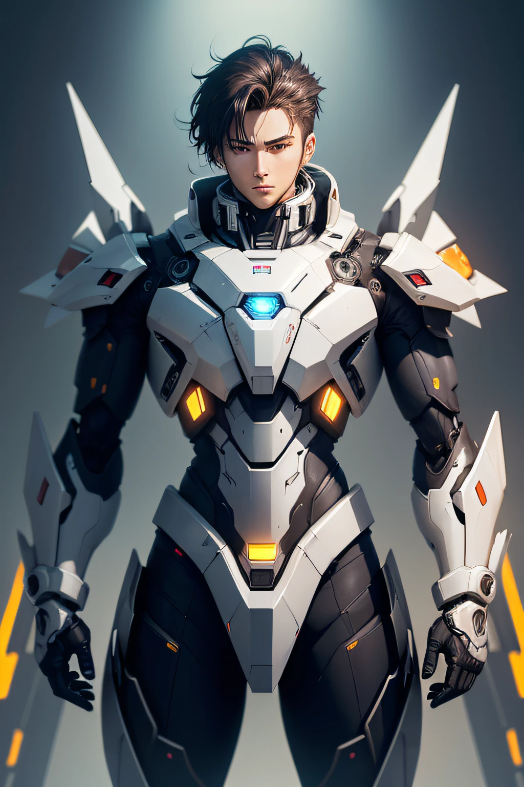 "Design a cutting-edge anime guy mecha armor suit equipped with advanced technology and unique features. Consider its purpose, special abilities, and the overall aesthetic, and describe its key elements and functionality in detail."