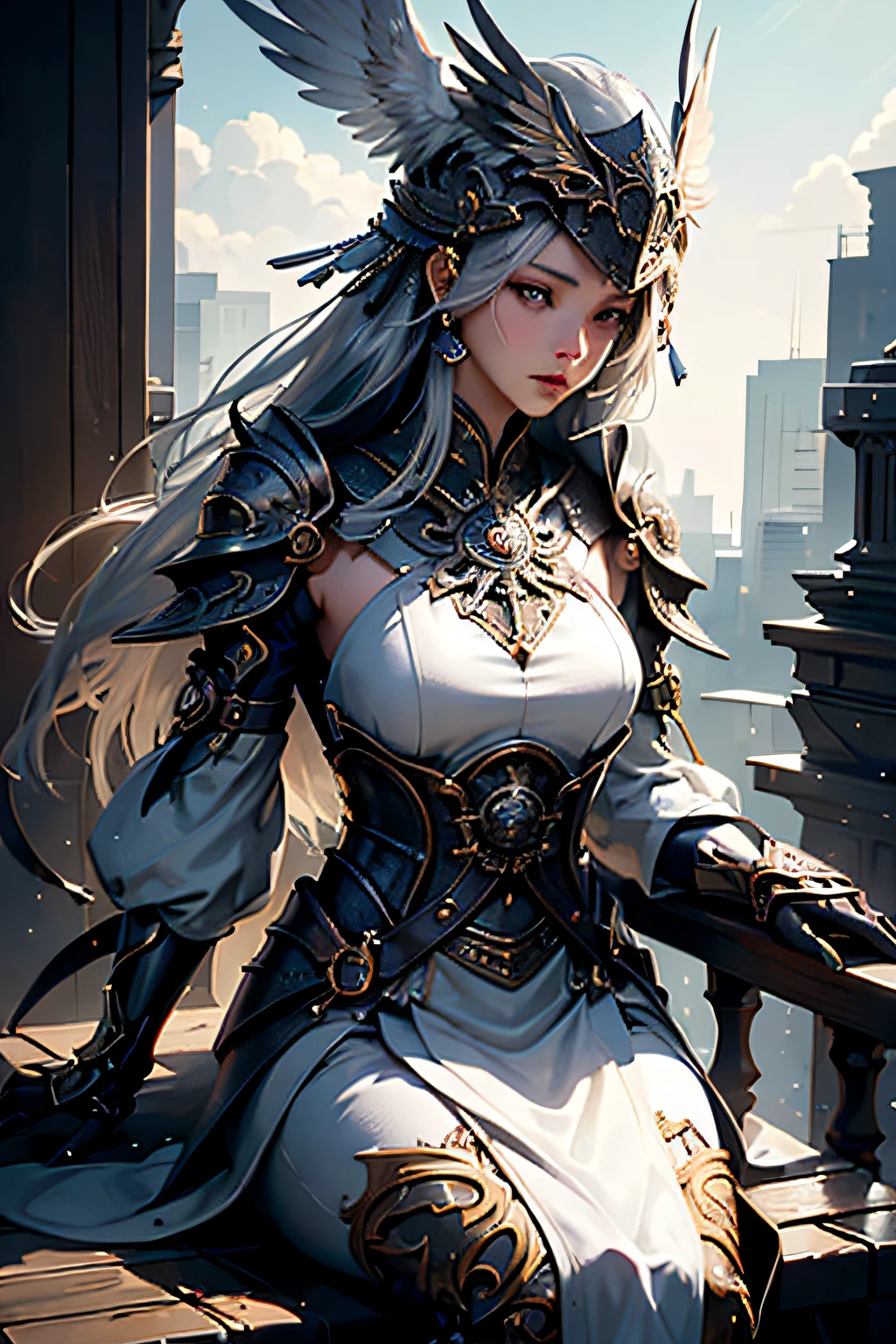 ((woman, sitting, close up shot, photorealistic )) true-to-life visuals, artistically refined,captivating beauty, dramatic contrasts,  8k wallpaper, absurdres, incredibly absurdres,  silver helmet
  gadaxintai gaodanvshen