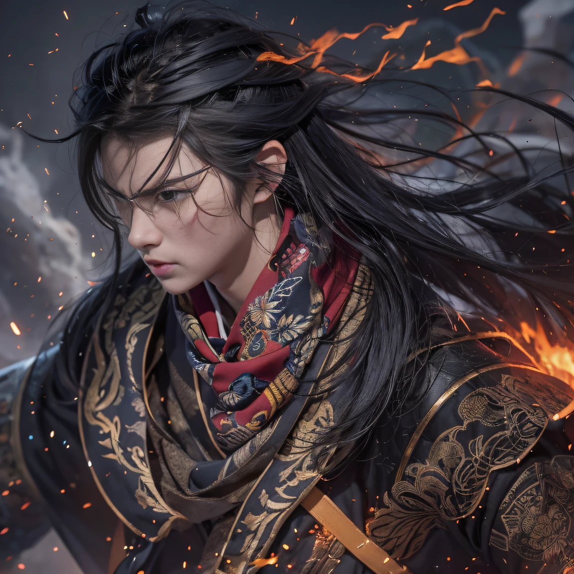 （废墟）eyes filled with angry，He clenched his fists，Rush up，Deliver a fatal blow to your opponent，full bodyesbian，Full Body Male Mage 32K（tmasterpiece，k hd，hyper HD，32K）Long flowing black hair，Campsite size，zydink， a color， patriot （废墟）， （Linen batik scarf）， Angry fighting stance， looking at the ground， Batik linen bandana， Chinese python pattern long-sleeved garment， （Abstract propylene splash：1.2）， Dark clouds lightning background，Flour flies（realisticlying：1.4），Black color hair，Flour fluttering，Background fog， A high resolution， the detail， RAW photogr， Sharp Re， Nikon D850 Film Stock Photo by Jefferies Lee 4 Kodak Portra 400 Camera F1.6 shots, Rich colors, ultra-realistic vivid textures, Dramatic lighting, Unreal Engine Art Station Trend, cinestir 800，Flowing black hair,（（（Male mage））），The male mage was furious，