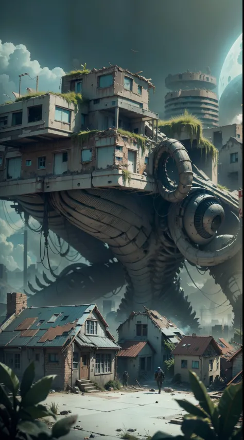 A highly detailed and technologically advanced alien monster in a post-apocalyptic cityscape, houses in ruins, in the distance six alien monsters are destroying the houses. Another dimension, the creator of the universe,Walking on empty streets, Around anc...