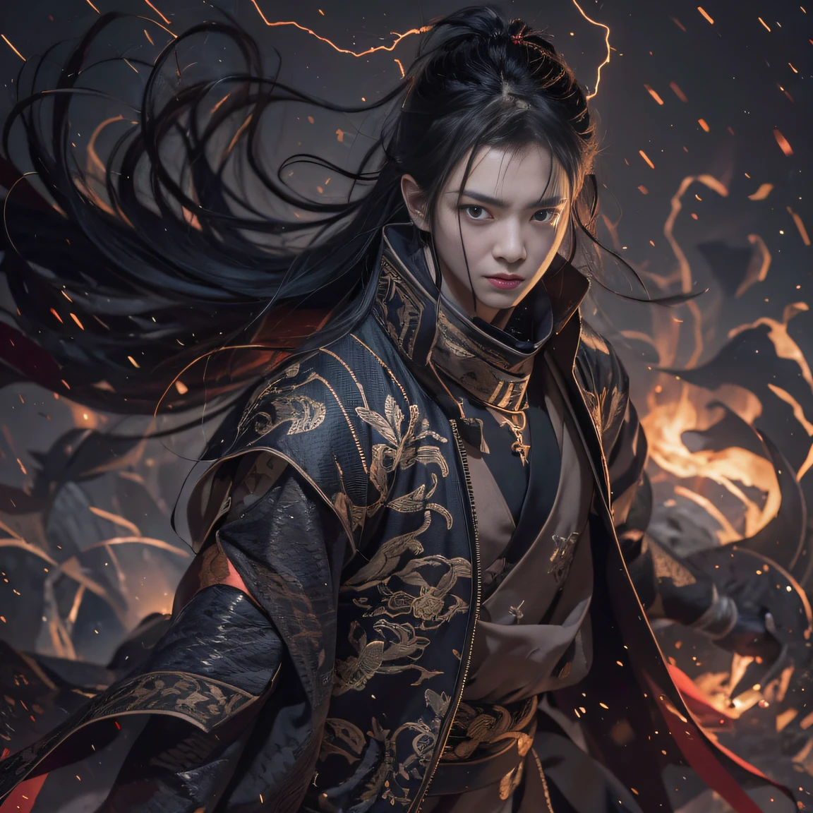 （废墟）eyes filled with angry，He clenched his fists，Rush up，Deliver a fatal blow to your opponent，full bodyesbian，Full Body Male Mage 32K（tmasterpiece，k hd，hyper HD，32K）Long flowing black hair，Campsite size，zydink， a color， patriot （废墟）， （Linen batik scarf）， Angry fighting stance， looking at the ground， Batik linen bandana， Chinese python pattern long-sleeved garment， （Abstract propylene splash：1.2）， Dark clouds lightning background，Flour flies（realisticlying：1.4），Black color hair，Flour fluttering，Background fog， A high resolution， the detail， RAW photogr， Sharp Re， Nikon D850 Film Stock Photo by Jefferies Lee 4 Kodak Portra 400 Camera F1.6 shots, Rich colors, ultra-realistic vivid textures, Dramatic lighting, Unreal Engine Art Station Trend, cinestir 800，Flowing black hair,（（（Male mage））），The male mage was furious，