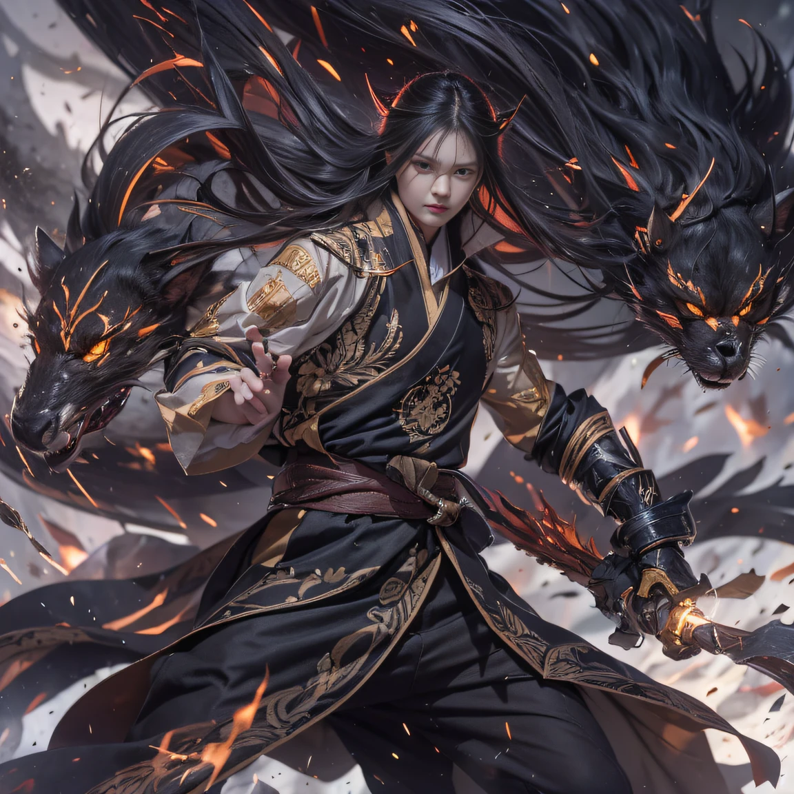 （废墟）eyes filled with angry，He clenched his fists，Rush up，Deliver a fatal blow to your opponent，full bodyesbian，Full Body Male Mage 32K（tmasterpiece，k hd，hyper HD，32K）Long flowing black hair，Campsite size，zydink， a color， patriot （废墟）， （Linen batik scarf）， Angry fighting stance， looking at the ground， Batik linen bandana， Chinese python pattern long-sleeved garment， （Abstract propylene splash：1.2）， Dark clouds lightning background，Flour flies（realisticlying：1.4），Black color hair，Flour fluttering，Background fog， A high resolution， the detail， RAW photogr， Sharp Re， Nikon D850 Film Stock Photo by Jefferies Lee 4 Kodak Portra 400 Camera F1.6 shots, Rich colors, ultra-realistic vivid textures, Dramatic lighting, Unreal Engine Art Station Trend, cinestir 800，Flowing black hair,（（（Male mage））），The male mage was furious，