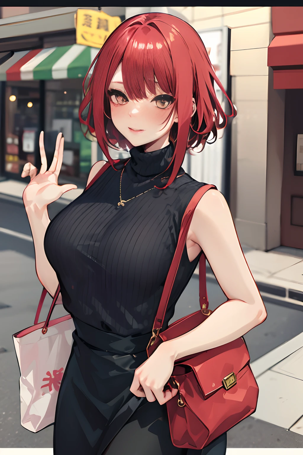 masutepiece, Best Quality, pixiv, Cowboy Shot, Red hair,
1girl in, breasts, blush, Sleeveless,Jewelry, Looking at Viewer, Skirt, Necklace, Solo, Bag, Sweaters, turtle neck, sleeveless turtleneck, Jacket, Sleeveless sweater, Long skirt, Medium Hair, Handbag