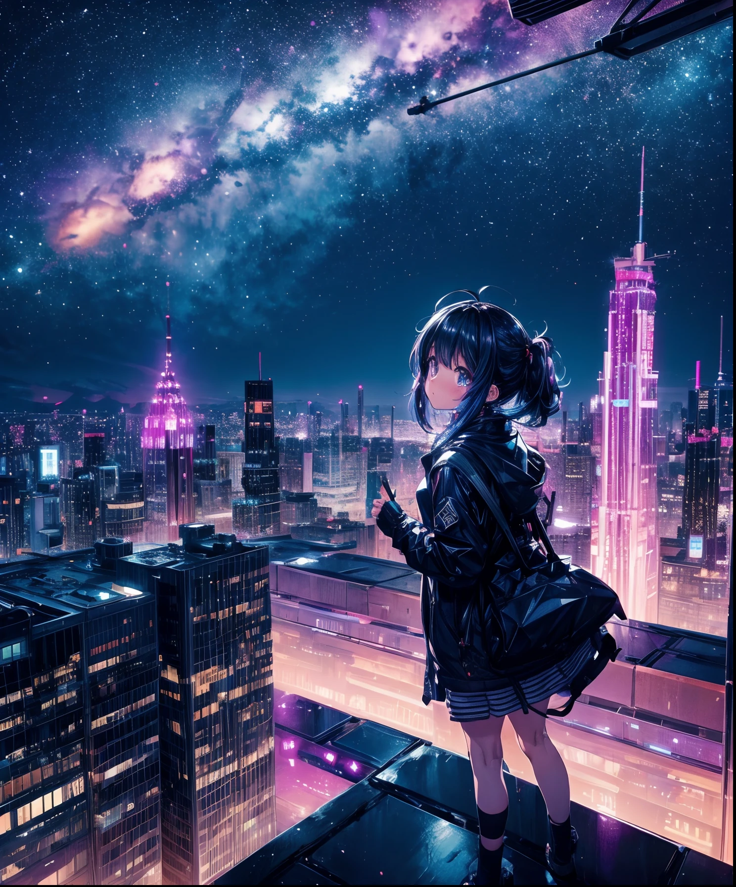 Cute girl characters、 Night view from a high place、Drawing a large number of skyscrapers, Looking up at the starry sky. Surround her with colorful nebulae and colorful metropolis.