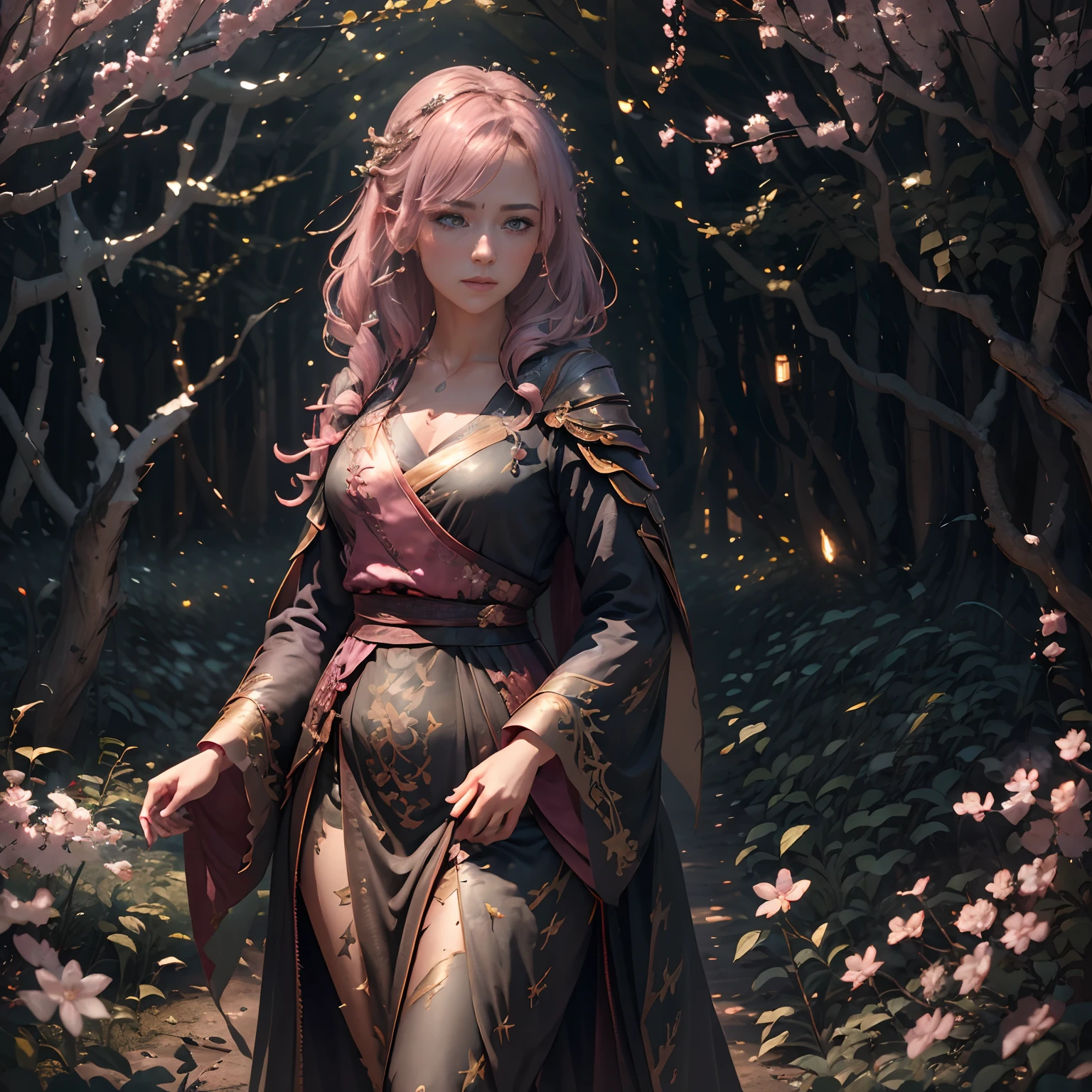 A woman in a light pink dress stands in a cherry blossom forest, Art germ, Realistic landscape, Detailed artistic germ, perfect  eyes, perfect  face, ultra - detailed, full body shot of, (skin indentation: 1.5), realisticlying, realisticlying, (tmasterpiece: 1.5), concept-art, intricately details, highly  detailed, realisticlying, Octane rendering, 8K, unreal-engine, dynamicposes, best qualityer, A high resolution, (photorealiscic face: 1.1), (ultra-realistic realism: 1.1) , ((full_Body)), perfect  eyes, (shiny skin: 1.2), ((hairdo))), ((Perfect hands))), (very highly detailed background), ((Dynamic background), ((Lightning), (Lightning), ((1girll)), wears a long robe, (((Flow curtain))), ((A detailed eye, high-quality eyes, high-quality face)), The light pink dress is extremely complicated, Magic robes), casting lightning, electricity, rotating flame, radiation, Spark, Smoke, magia, (Dramatic), Epic, battlefiled, depth of fields, Bokeh, 4K, gotik, ashes, Particulate matter.