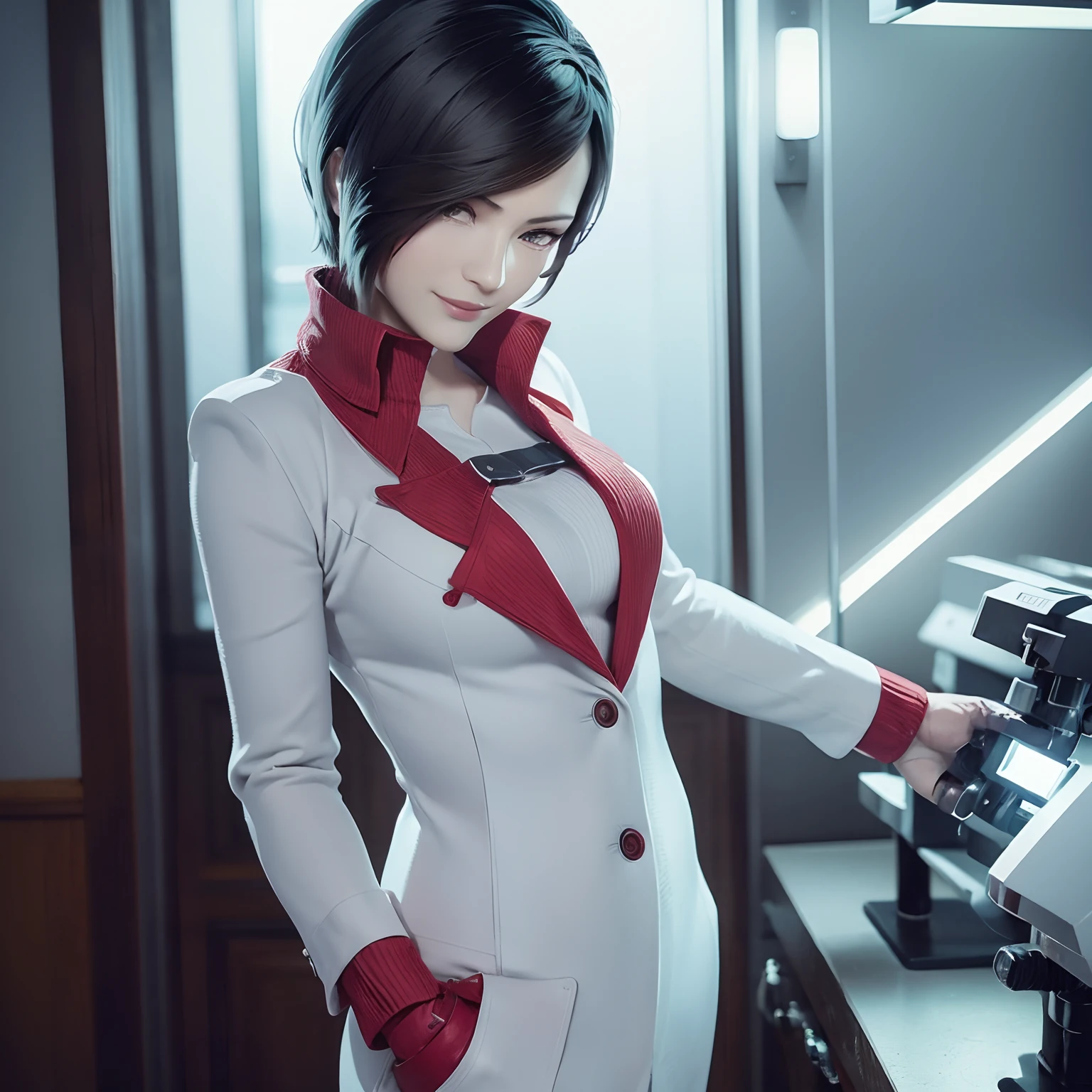 (best quality, realistic), Ada wong as a scientist sexy pose, wearing white laboratory coat, sweat, smile sadistically,  evil glowing red eyes,